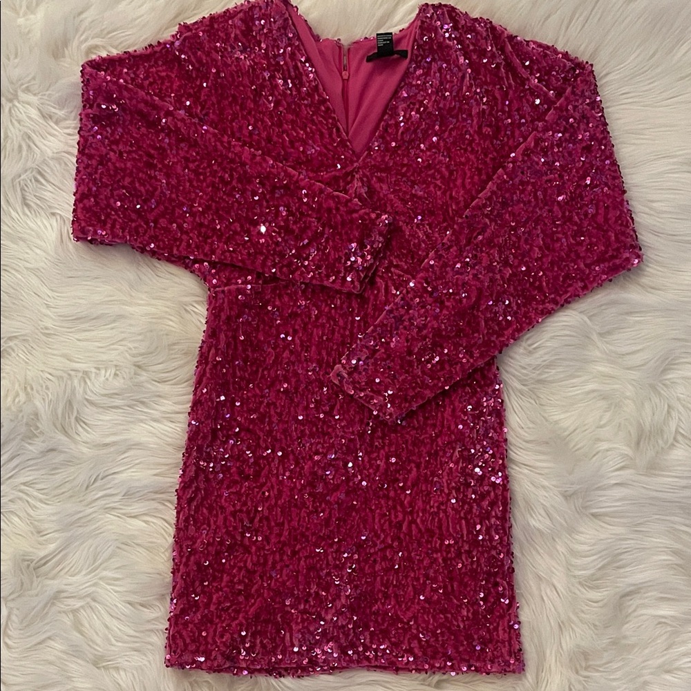 Hot Pink Sequin Long Sleeve V-Neck Mini Dress